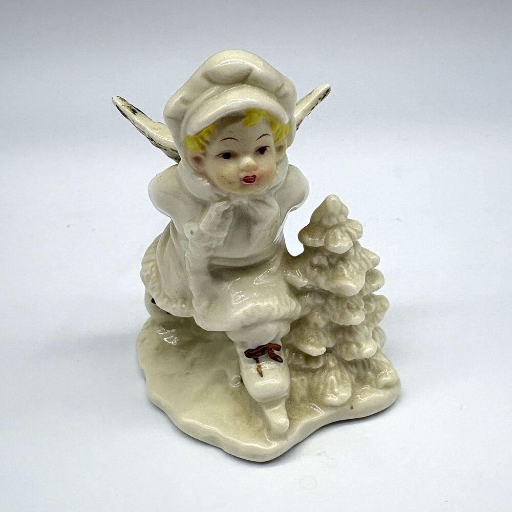 White Ceramic Elf/Pixie Figurine with Wings by Tree - Fantasy Elves Theme